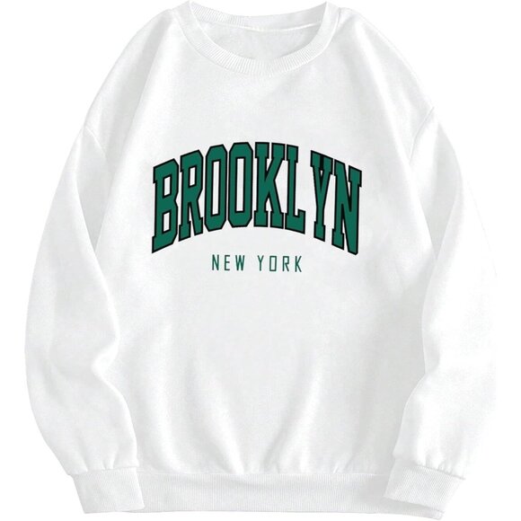 ⚡Women White Brooklyn Imported Graphic Crewneck Long Sleeve Pullover Sweatshirt - Picture 1 of 5
